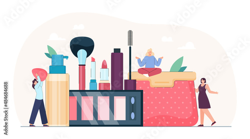 Tiny cartoon beautician characters with huge makeup products. Beauty parlor, salon or workshop, skin treatment, makeup courses flat vector illustration. Beauty, cosmetics concept for banner