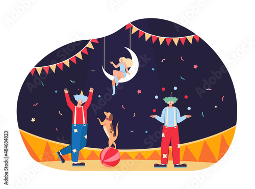 Poster of show with clowns and dog in circus arena. Wallpaper with juggler or joker character flat vector illustration. Circus, entertainment, comedy concept for banner, website design or landing page