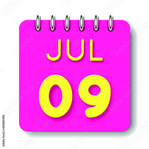 09 day of the month. July. Cute calendar daily icon. Date day week Sunday, Monday, Tuesday, Wednesday, Thursday, Friday, Saturday. Neon yellow. Pink Paper. White background.