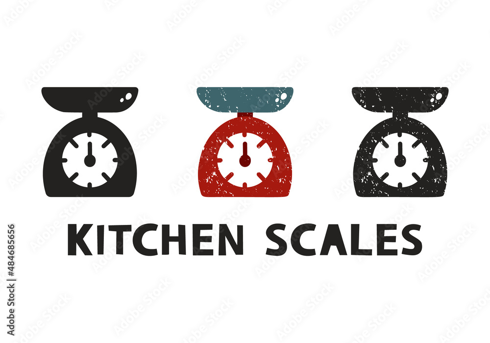 Kitchen scales, silhouette icons set with lettering. Imitation of stamp, print with scuffs. Simple black shape and color vector illustration. Hand drawn isolated elements on white background