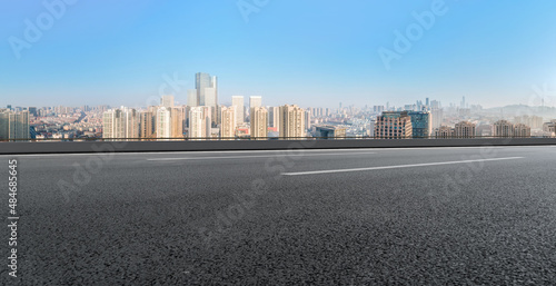 Freeway skyline and financial district modern buildings