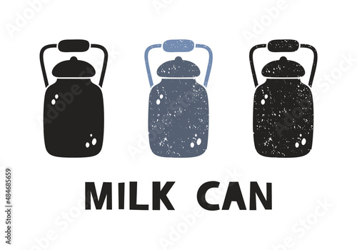 Milk can, silhouette icons set with lettering. Imitation of stamp, print with scuffs. Simple black shape and color vector illustration. Hand drawn isolated elements on white background