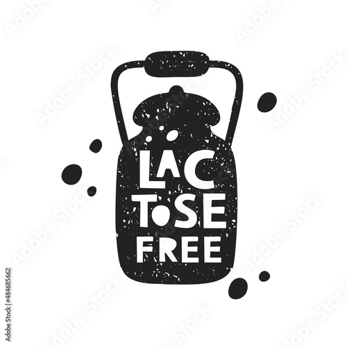 Lactose free, grunge sticker. Black texture silhouette of milk can with lettering inside. Imitation of stamp, print with scuffs. Hand drawn isolated illustration on white background