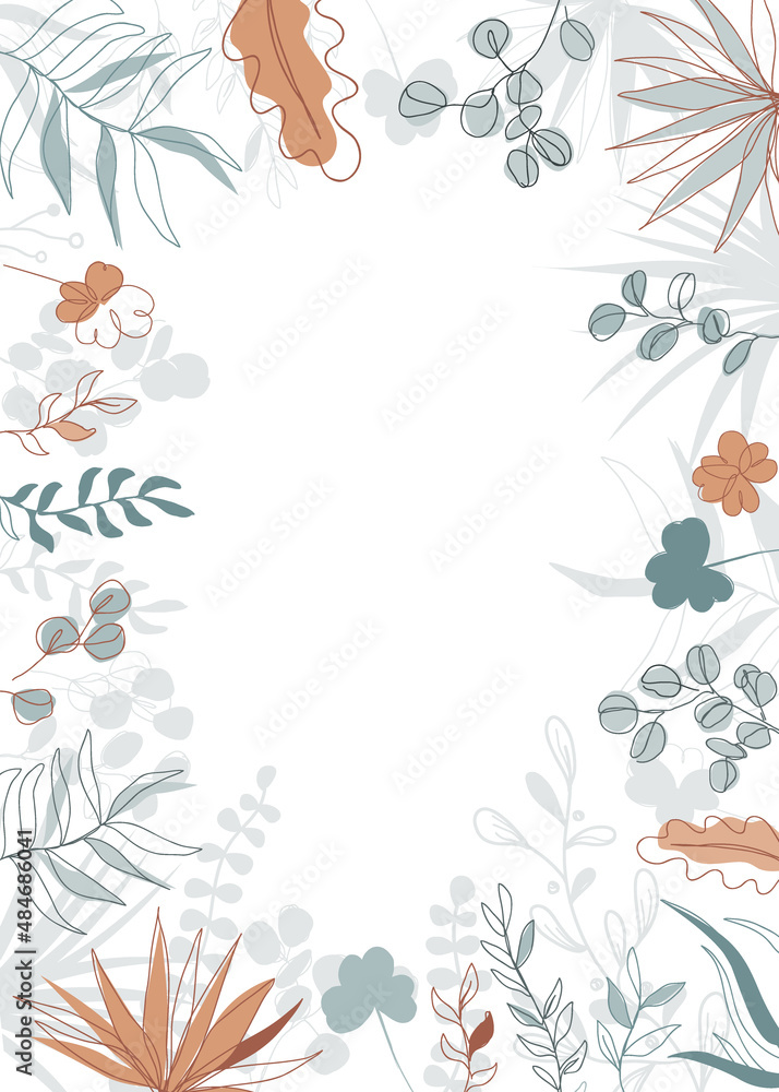 Abstract foliage frame, plant leaves flat vector illustration. Herbal collection banner template. Beautiful scandinavian style floral background design Abstract foliage frame, plant leaves flat vector illustration. Herbal collection banner template. Beautiful scandinavian style floral background design