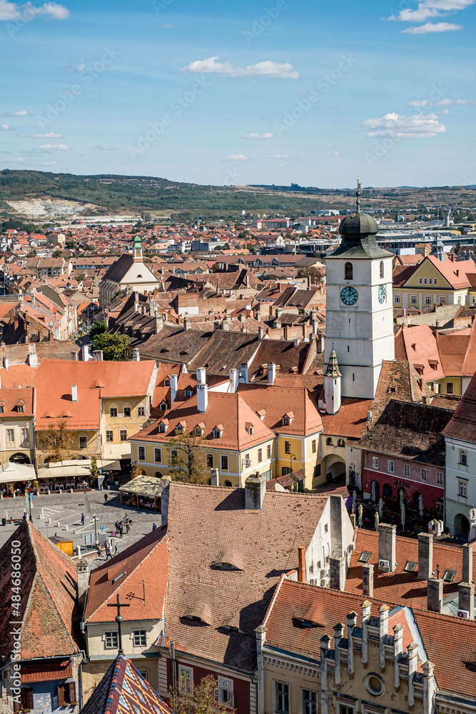 Aerial view over the city  from Saint Mary Lutheran Cathedral in Sibiu city, Romania