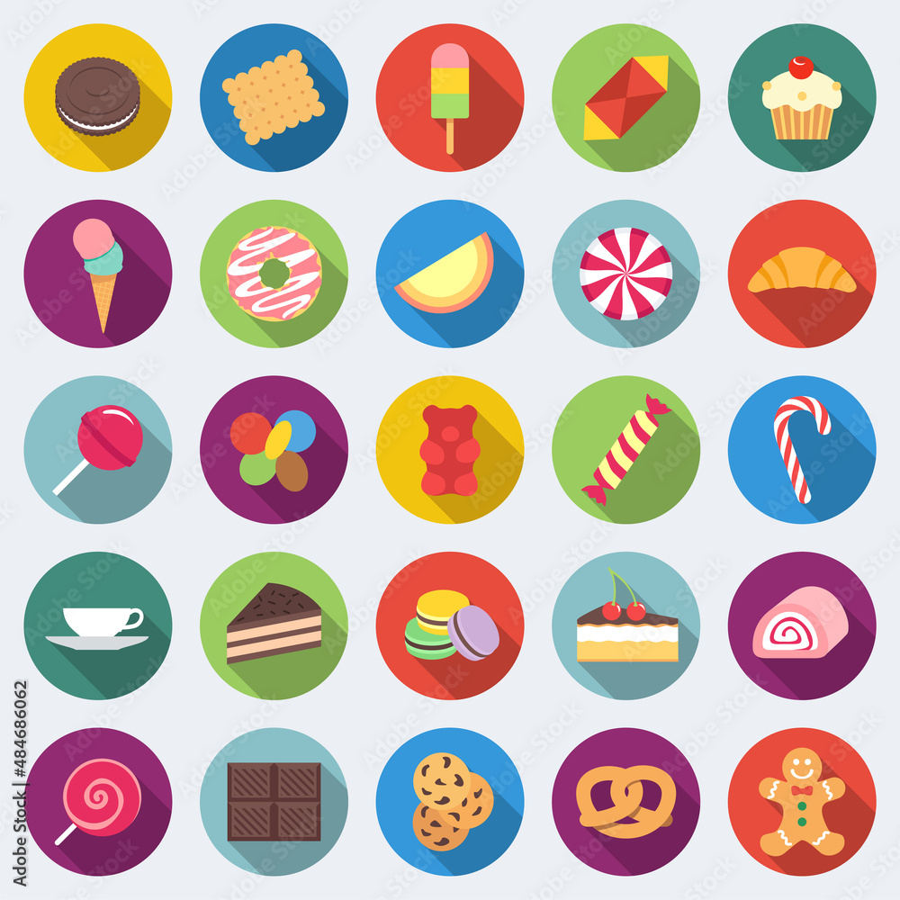 Set of long shadow sweets and candies icons