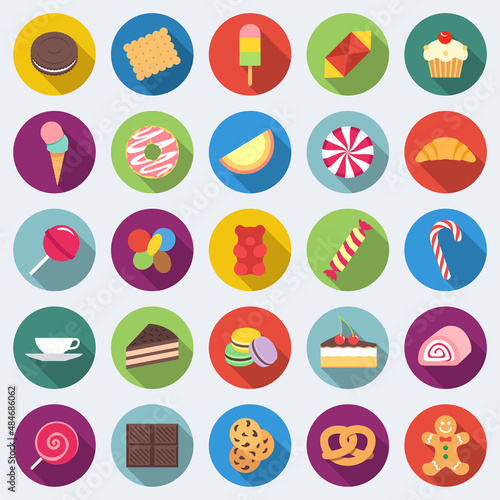 Set of long shadow sweets and candies icons