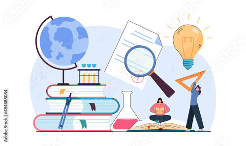 Tiny cartoon teacher teaching different disciplines at school. Huge books and globe, student studying culture, geography, language, chemistry flat vector illustration. Education concept for banner