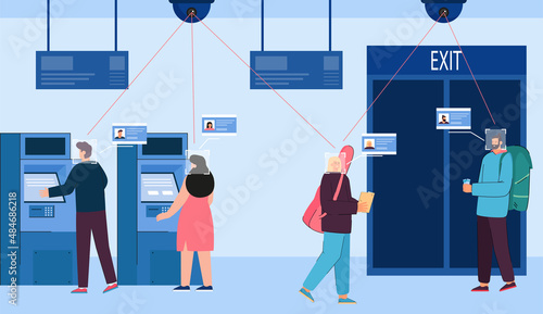 AI camera scanning faces of people taking money from ATM. Cash machines in bank, facial recognition system, avatars with digital data, flat vector illustration. Technology, safety or security concept