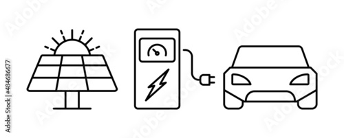 Solar panel and electric car charging station. Clean energy concept. Electric vehicle. Environment friendly power generation. Sustainable resources. Eco transport. Vector illustration, flat, clip art