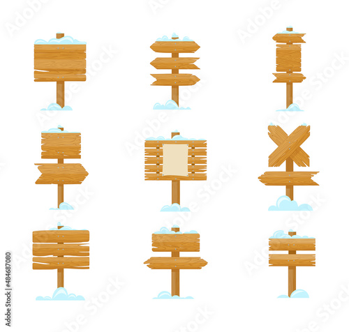 Wooden signboards with snow cartoon illustration set. Blank or empty road signs, banners, billboards or pointers of different shapes for advertising and information. Winter, guidepost concept