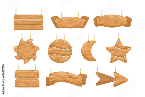 Wooden signs hanging on chain cartoon illustration set. Blank sun, star, arrow, crescent banners for advertising, information, sale, cafe and restaurant names on rope. Guidepost concept