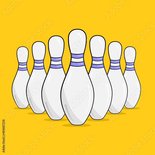 Seven bowling pins with shadows and background. Vector. Cartoon