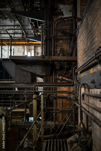 interior old abandoned factory, steel plataform view in europe