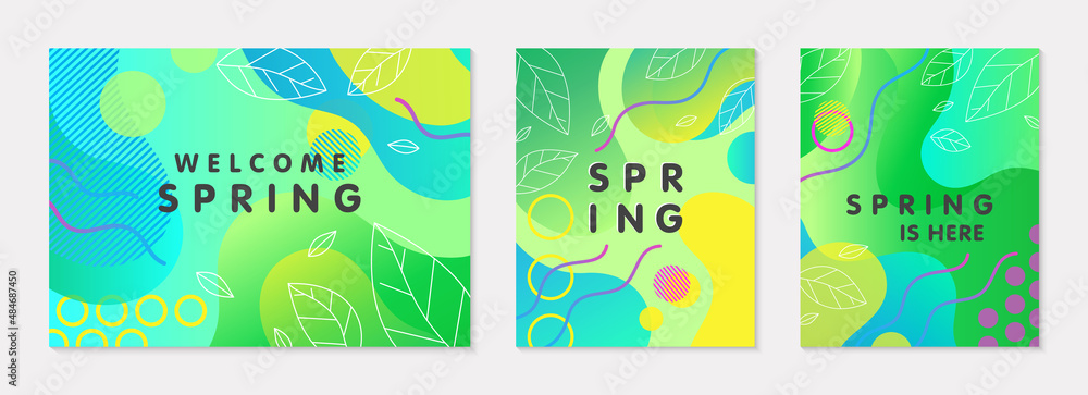 Set of spring banners with green gradient backgrounds;linear leaves;bright fluid shapes and geometric elements in memphis style.Abstract layouts for prints;flyers,invitations;covers,social media.