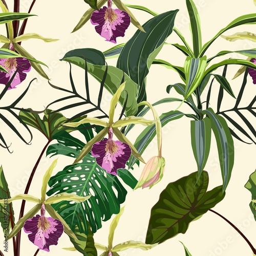 Tropical orchid flowers and exotic leaves on vintage background. Seamless pattern. Jungle foliage illustration. Exotic plants. Summer beach floral design. Paradise nature.