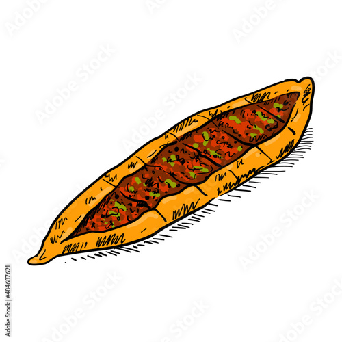 Vector illustration, peid, pide Turkish national food, isolated on white background.