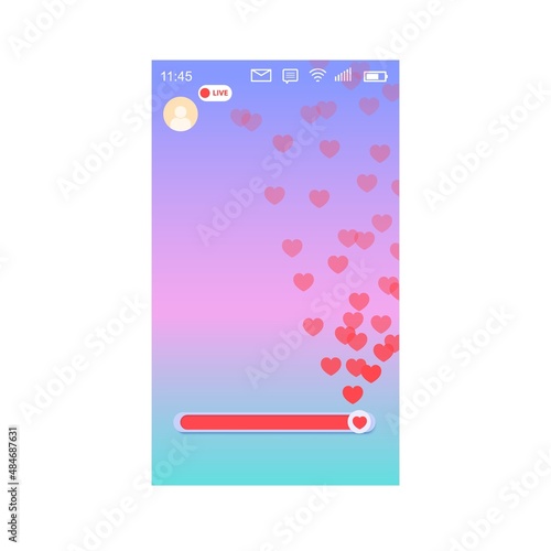 Mockup of mobile app with like slider live streaming. Interface photo frame design social media application network post template with flying multicolored hearts. Vector illustration for video chat.
