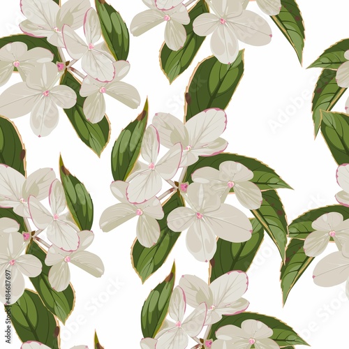 Vintage white Flowers. Floral Hortensia Background. Seamless Pattern for design, print, textile, scrapbook.