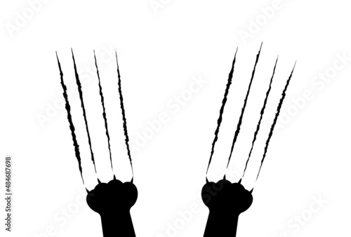 Cat scratch silhouette. Claws scratching wild animal lion tiger bear. Two paw print leg foot. Dog claws isolated on white background. Cute cartoon animal paw in flat style. Vector card illustration.