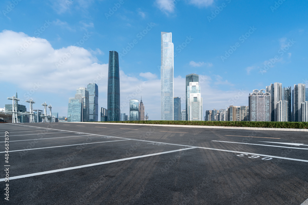 Freeway skyline and financial district modern buildings