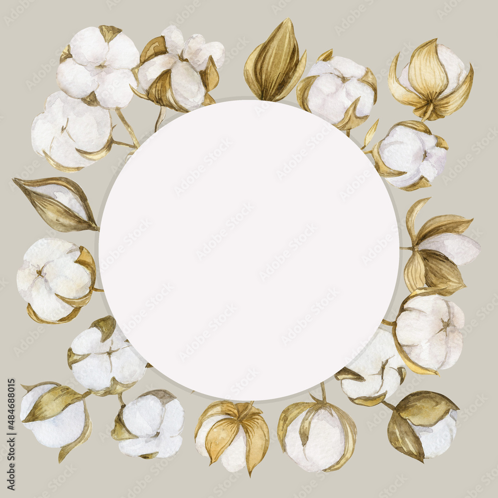 Round background with watercolor cotton flowers.