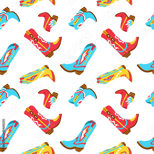Vector seamless pattern with blue,red,yellow decorated cowboy boots on white background.Bright design for western styled textile,wrapping paper.Wild west and country vibes
