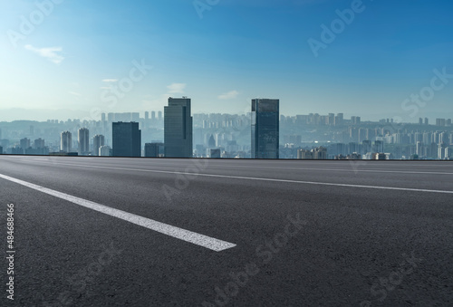 Freeway skyline and financial district modern buildings