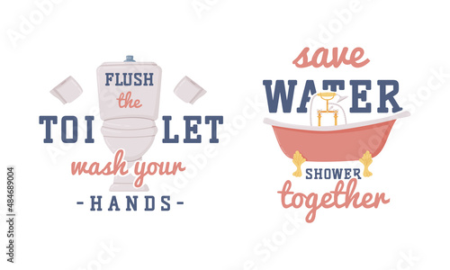 Bathroom Lettering with Inscription and Bathtub Vector Set