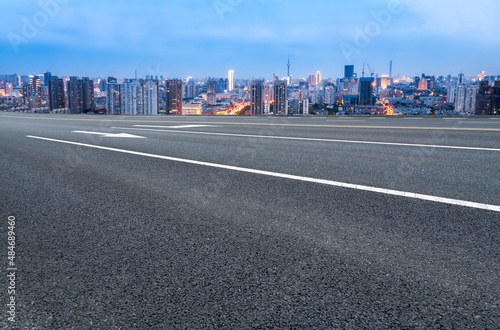 Freeway skyline and financial district modern buildings