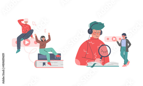 Podcast or Spoken Episodic Serie Listening with Man and Woman Character with Headphones Using Mobile Gadget Vector Illustration Set