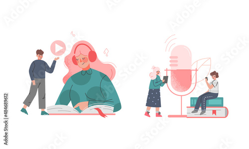 Podcast or Spoken Episodic Serie Listening with Man and Woman Character Near Huge Microphone and Book Vector Illustration Set