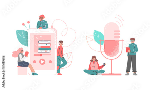 Podcast or Spoken Episodic Serie Listening with Man and Woman Character Near Huge Microphone Using Mobile Gadget Vector Illustration Set