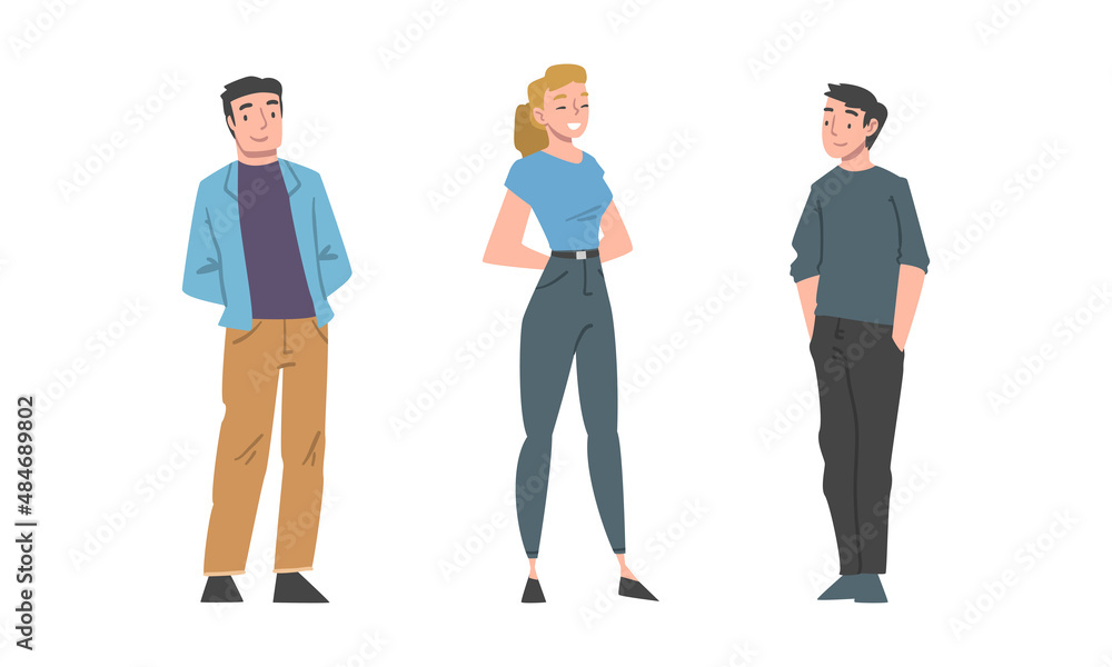 Obraz premium Positive Man and Woman Character Standing with Smiling Face Feeling Euphoric and in High Spirits Vector Set
