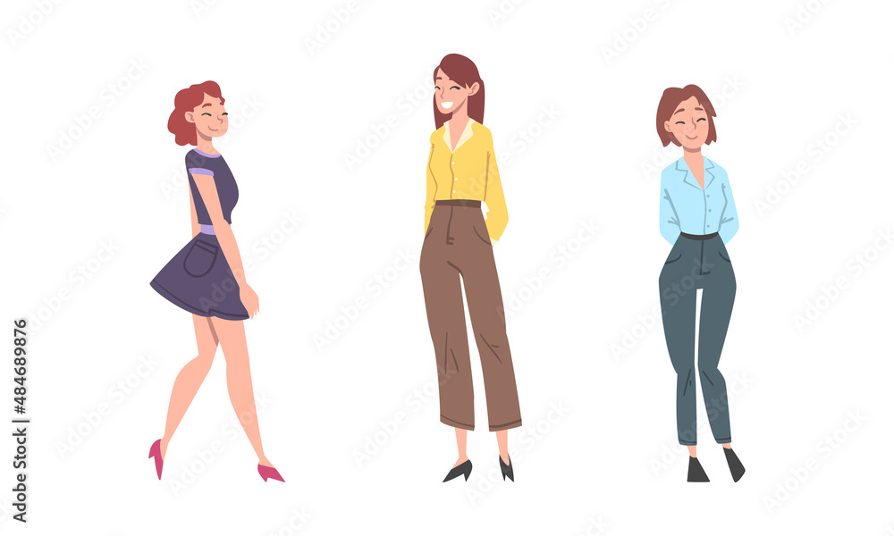 Fototapeta premium Positive Woman Character Standing with Smiling Face Feeling Euphoric and in High Spirits Vector Set