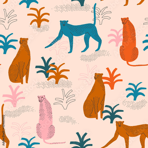 Cheetah in the jungle funky colorful tropical modern pattern. Cute animals illustration. Vector illustration