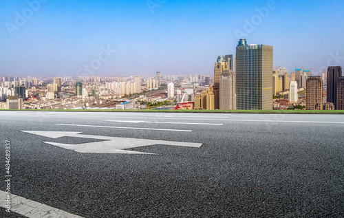 Freeway skyline and financial district modern buildings