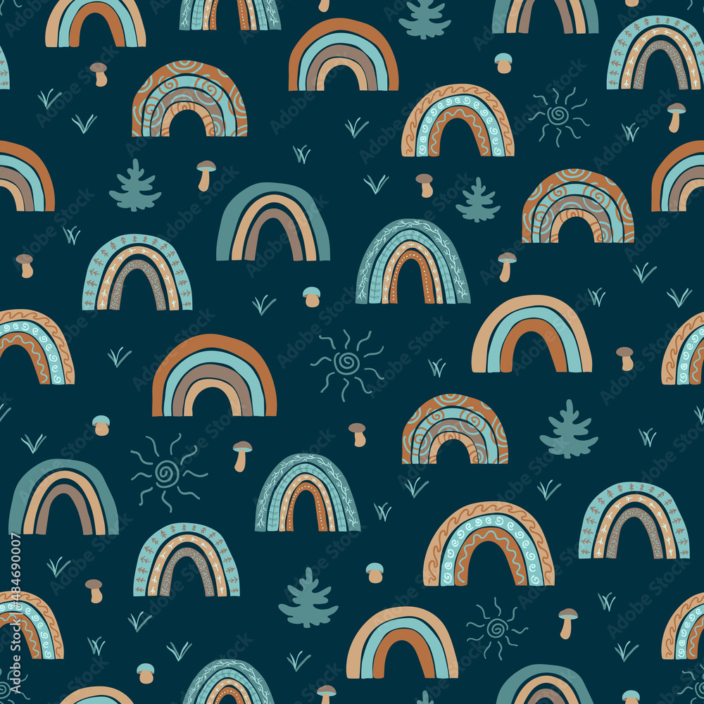 Seamless pattern with boho rainbows on dark green Seamless pattern with boho rainbows on dark green
