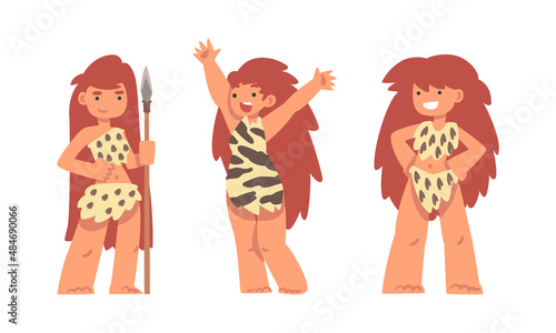 Standing Primitive Woman Character from Stone Age Wearing Animal Skin Vector Illustration Set