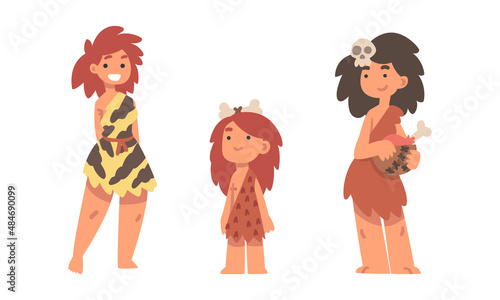Standing Primitive Woman Character from Stone Age Wearing Animal Skin Vector Illustration Set
