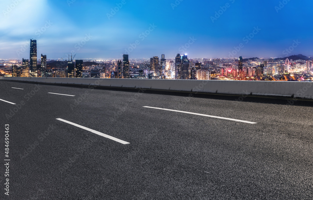 Freeway skyline and financial district modern buildings