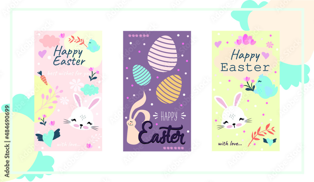 cute rabbit and easter set of flowers and eggs. happy easter greeting card cute rabbit and easter set of flowers and eggs. happy easter greeting card