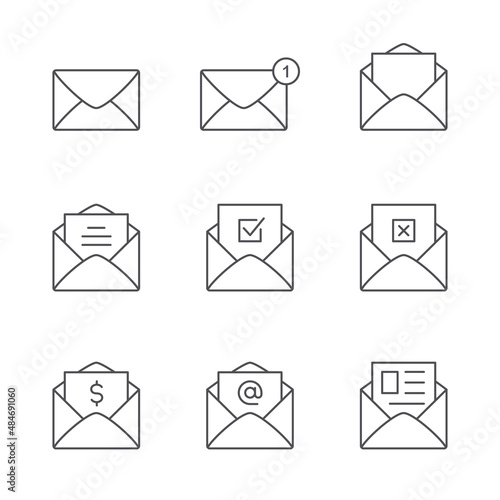 Envelope mail line icon set. Closed envelope, open with a letter, with a check mark and notification. Outline vector isolated symbol