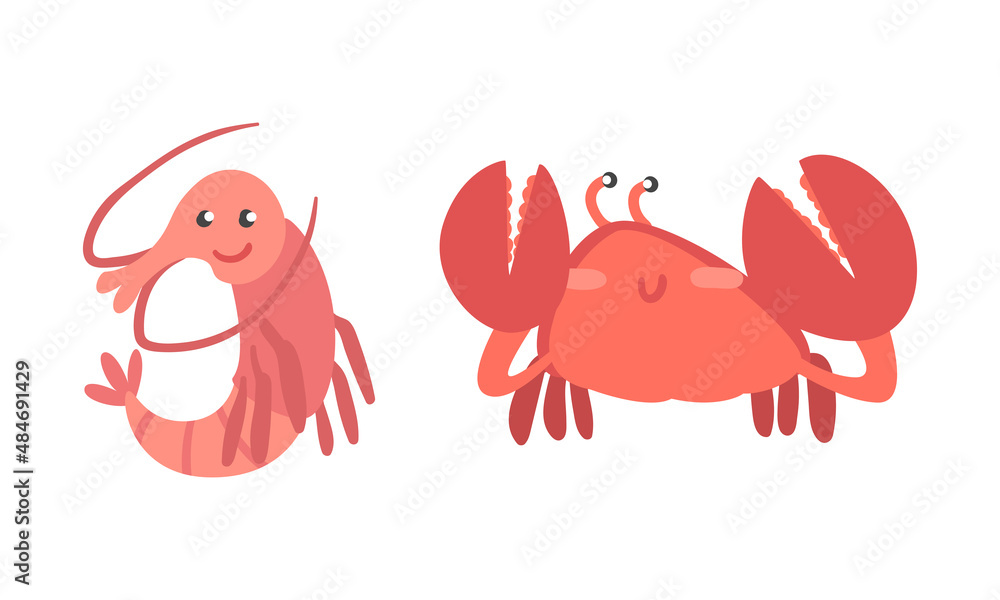 Shrimp and Crab Character as Aquatic Mammal with Funny Face Vector Illustration Set Shrimp and Crab Character as Aquatic Mammal with Funny Face Vector Illustration Set