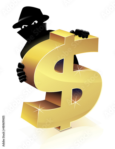 A masked man in black steals the golden euro symbol