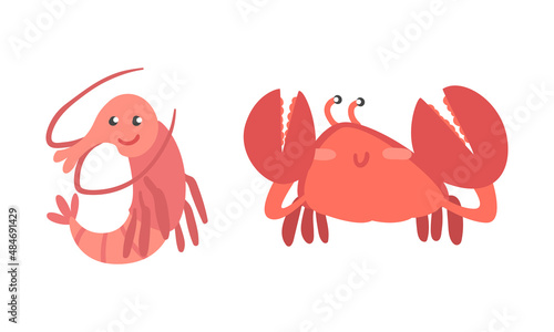 Shrimp and Crab Character as Aquatic Mammal with Funny Face Vector Illustration Set