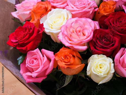 Big beautiful bouquet of multicolour roses.