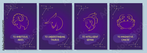 Astrological signs postcard with linear glyph icon set. Greeting card with decorative vector design. Simple style poster with creative lineart illustration. Flyer with holiday wish