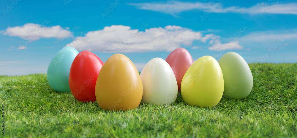 Easter pastel color egg on green grass field and blue sky background. 3d render