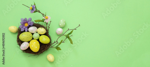 Easter nest, Pastel color paint egg and flower decoration on green, overhead. Spring Holiday
